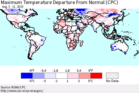 World Mean Maximum Temperature Departure from Normal (CPC) Thematic Map For 8/5/2019 - 8/11/2019
