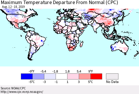 World Mean Maximum Temperature Departure from Normal (CPC) Thematic Map For 8/12/2019 - 8/18/2019
