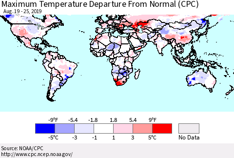 World Mean Maximum Temperature Departure from Normal (CPC) Thematic Map For 8/19/2019 - 8/25/2019