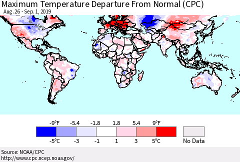 World Mean Maximum Temperature Departure from Normal (CPC) Thematic Map For 8/26/2019 - 9/1/2019