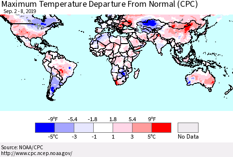 World Mean Maximum Temperature Departure from Normal (CPC) Thematic Map For 9/2/2019 - 9/8/2019