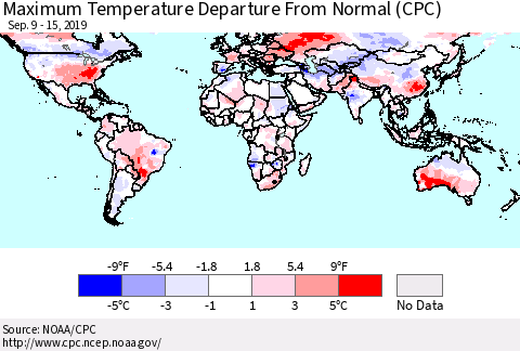 World Mean Maximum Temperature Departure from Normal (CPC) Thematic Map For 9/9/2019 - 9/15/2019