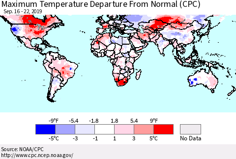 World Mean Maximum Temperature Departure from Normal (CPC) Thematic Map For 9/16/2019 - 9/22/2019