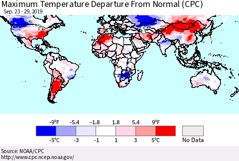 World Mean Maximum Temperature Departure from Normal (CPC) Thematic Map For 9/23/2019 - 9/29/2019