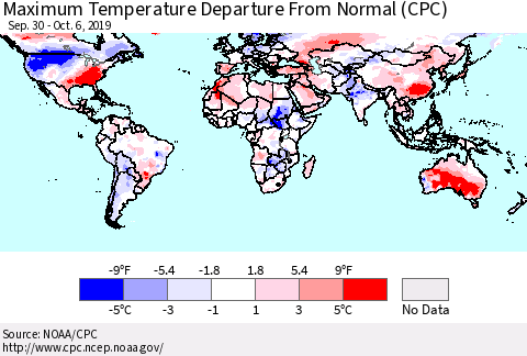 World Mean Maximum Temperature Departure from Normal (CPC) Thematic Map For 9/30/2019 - 10/6/2019