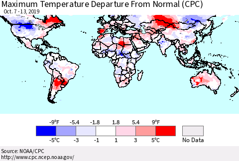 World Mean Maximum Temperature Departure from Normal (CPC) Thematic Map For 10/7/2019 - 10/13/2019
