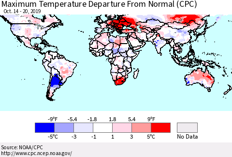 World Mean Maximum Temperature Departure from Normal (CPC) Thematic Map For 10/14/2019 - 10/20/2019
