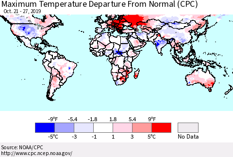 World Mean Maximum Temperature Departure from Normal (CPC) Thematic Map For 10/21/2019 - 10/27/2019