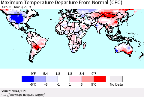 World Mean Maximum Temperature Departure from Normal (CPC) Thematic Map For 10/28/2019 - 11/3/2019