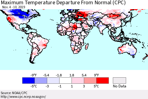 World Mean Maximum Temperature Departure from Normal (CPC) Thematic Map For 11/4/2019 - 11/10/2019