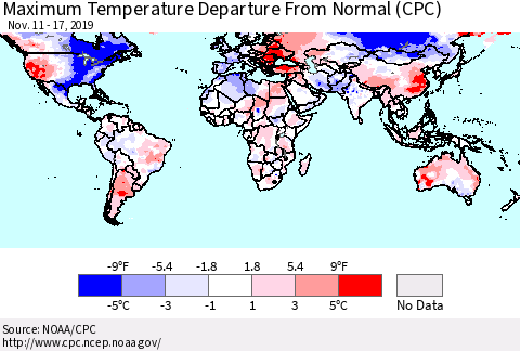 World Mean Maximum Temperature Departure from Normal (CPC) Thematic Map For 11/11/2019 - 11/17/2019