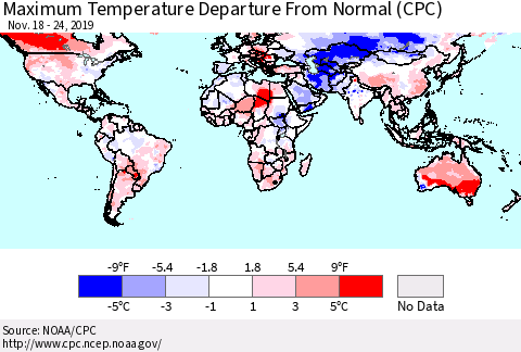 World Mean Maximum Temperature Departure from Normal (CPC) Thematic Map For 11/18/2019 - 11/24/2019