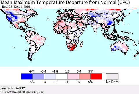 World Mean Maximum Temperature Departure from Normal (CPC) Thematic Map For 11/25/2019 - 12/1/2019