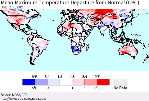 World Mean Maximum Temperature Departure from Normal (CPC) Thematic Map For 12/2/2019 - 12/8/2019