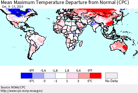 World Mean Maximum Temperature Departure from Normal (CPC) Thematic Map For 12/9/2019 - 12/15/2019