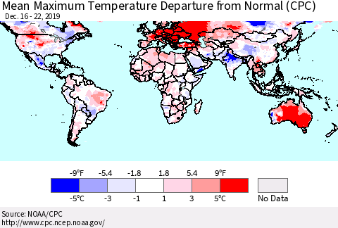 World Mean Maximum Temperature Departure from Normal (CPC) Thematic Map For 12/16/2019 - 12/22/2019