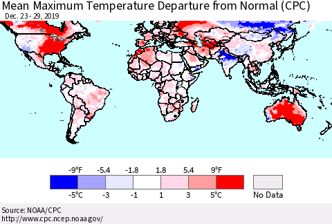World Mean Maximum Temperature Departure from Normal (CPC) Thematic Map For 12/23/2019 - 12/29/2019