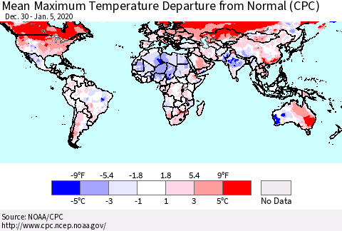 World Mean Maximum Temperature Departure from Normal (CPC) Thematic Map For 12/30/2019 - 1/5/2020