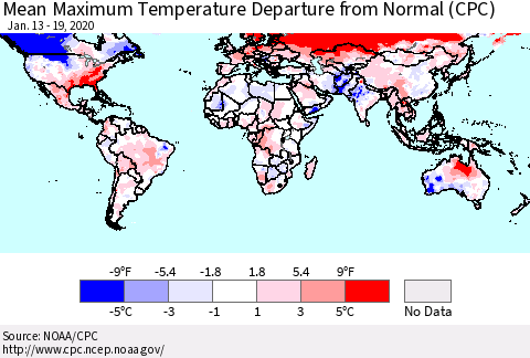 World Mean Maximum Temperature Departure from Normal (CPC) Thematic Map For 1/13/2020 - 1/19/2020