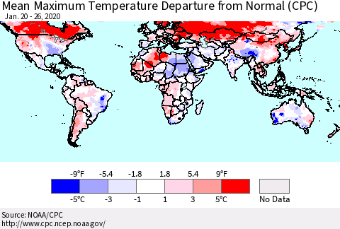 World Mean Maximum Temperature Departure from Normal (CPC) Thematic Map For 1/20/2020 - 1/26/2020