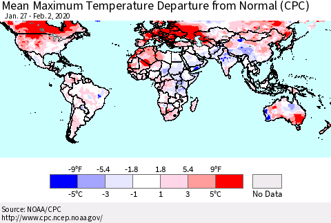 World Mean Maximum Temperature Departure from Normal (CPC) Thematic Map For 1/27/2020 - 2/2/2020