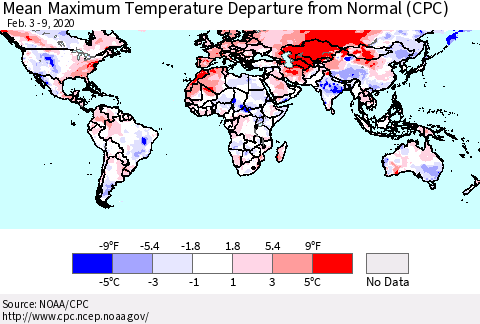 World Mean Maximum Temperature Departure from Normal (CPC) Thematic Map For 2/3/2020 - 2/9/2020