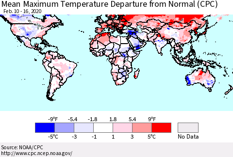 World Mean Maximum Temperature Departure from Normal (CPC) Thematic Map For 2/10/2020 - 2/16/2020