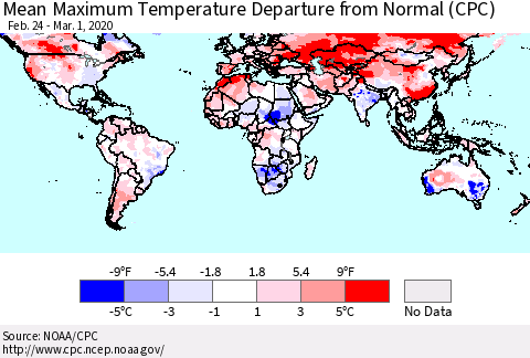 World Mean Maximum Temperature Departure from Normal (CPC) Thematic Map For 2/24/2020 - 3/1/2020
