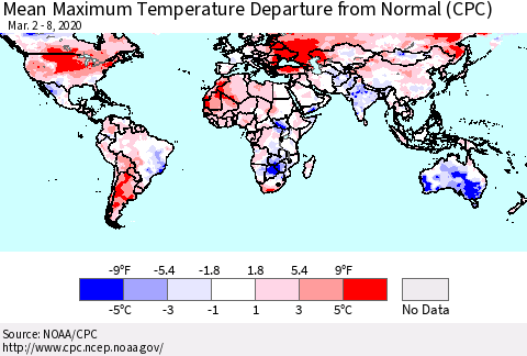 World Mean Maximum Temperature Departure from Normal (CPC) Thematic Map For 3/2/2020 - 3/8/2020