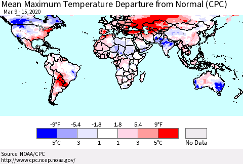 World Mean Maximum Temperature Departure from Normal (CPC) Thematic Map For 3/9/2020 - 3/15/2020