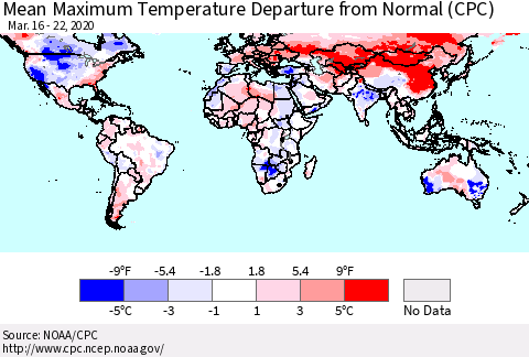 World Mean Maximum Temperature Departure from Normal (CPC) Thematic Map For 3/16/2020 - 3/22/2020