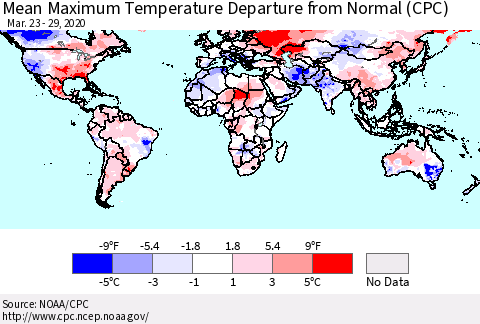 World Mean Maximum Temperature Departure from Normal (CPC) Thematic Map For 3/23/2020 - 3/29/2020
