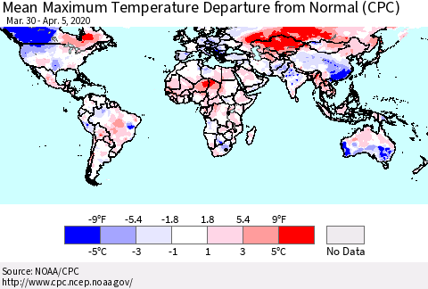World Mean Maximum Temperature Departure from Normal (CPC) Thematic Map For 3/30/2020 - 4/5/2020