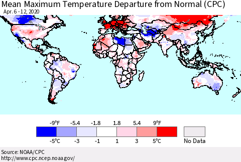 World Mean Maximum Temperature Departure from Normal (CPC) Thematic Map For 4/6/2020 - 4/12/2020