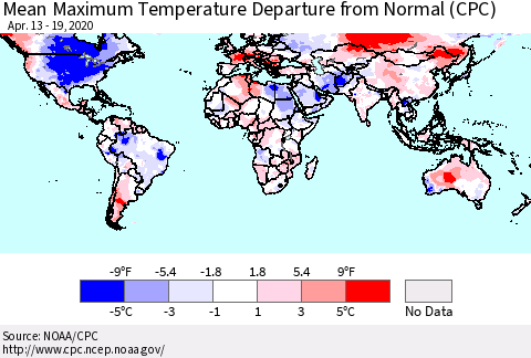 World Mean Maximum Temperature Departure from Normal (CPC) Thematic Map For 4/13/2020 - 4/19/2020