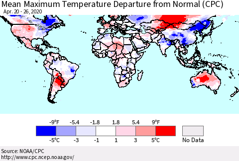 World Mean Maximum Temperature Departure from Normal (CPC) Thematic Map For 4/20/2020 - 4/26/2020