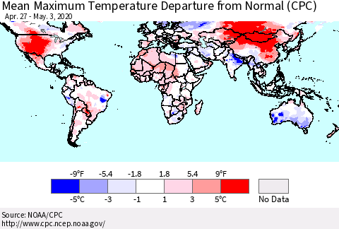 World Mean Maximum Temperature Departure from Normal (CPC) Thematic Map For 4/27/2020 - 5/3/2020