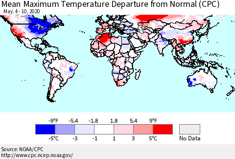 World Mean Maximum Temperature Departure from Normal (CPC) Thematic Map For 5/4/2020 - 5/10/2020