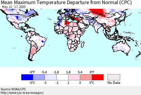 World Mean Maximum Temperature Departure from Normal (CPC) Thematic Map For 5/11/2020 - 5/17/2020