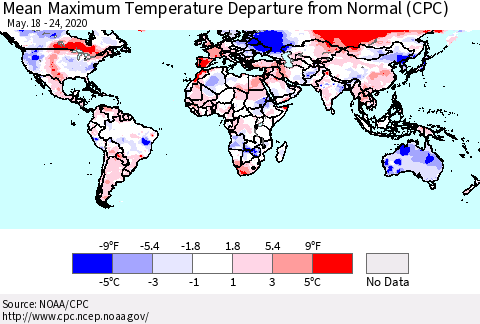 World Mean Maximum Temperature Departure from Normal (CPC) Thematic Map For 5/18/2020 - 5/24/2020