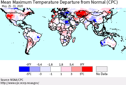 World Mean Maximum Temperature Departure from Normal (CPC) Thematic Map For 5/25/2020 - 5/31/2020