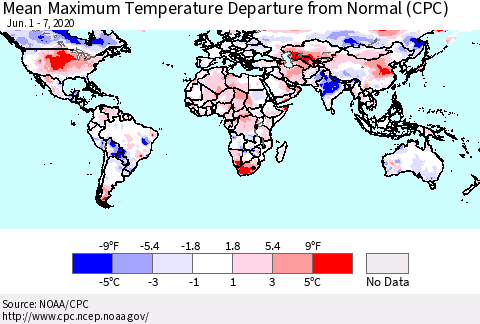 World Mean Maximum Temperature Departure from Normal (CPC) Thematic Map For 6/1/2020 - 6/7/2020
