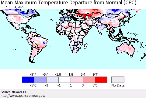 World Mean Maximum Temperature Departure from Normal (CPC) Thematic Map For 6/8/2020 - 6/14/2020