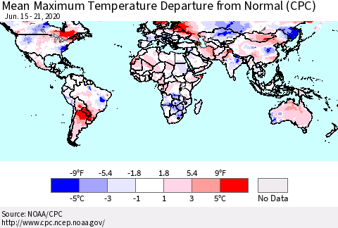 World Mean Maximum Temperature Departure from Normal (CPC) Thematic Map For 6/15/2020 - 6/21/2020