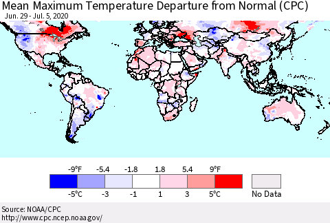 World Mean Maximum Temperature Departure from Normal (CPC) Thematic Map For 6/29/2020 - 7/5/2020