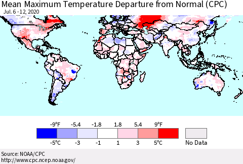 World Mean Maximum Temperature Departure from Normal (CPC) Thematic Map For 7/6/2020 - 7/12/2020