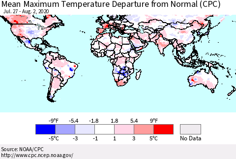 World Mean Maximum Temperature Departure from Normal (CPC) Thematic Map For 7/27/2020 - 8/2/2020