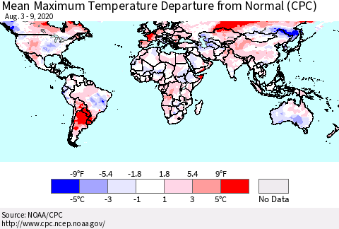 World Mean Maximum Temperature Departure from Normal (CPC) Thematic Map For 8/3/2020 - 8/9/2020