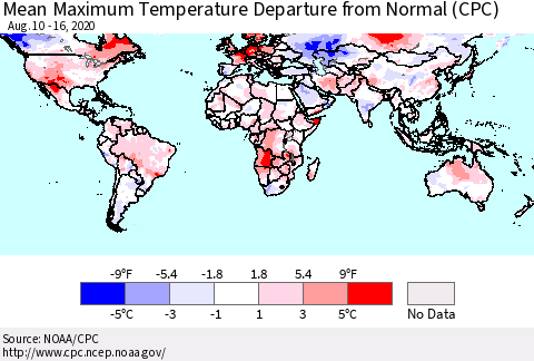 World Mean Maximum Temperature Departure from Normal (CPC) Thematic Map For 8/10/2020 - 8/16/2020