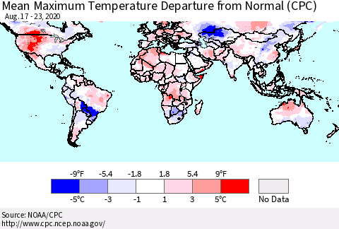 World Mean Maximum Temperature Departure from Normal (CPC) Thematic Map For 8/17/2020 - 8/23/2020
